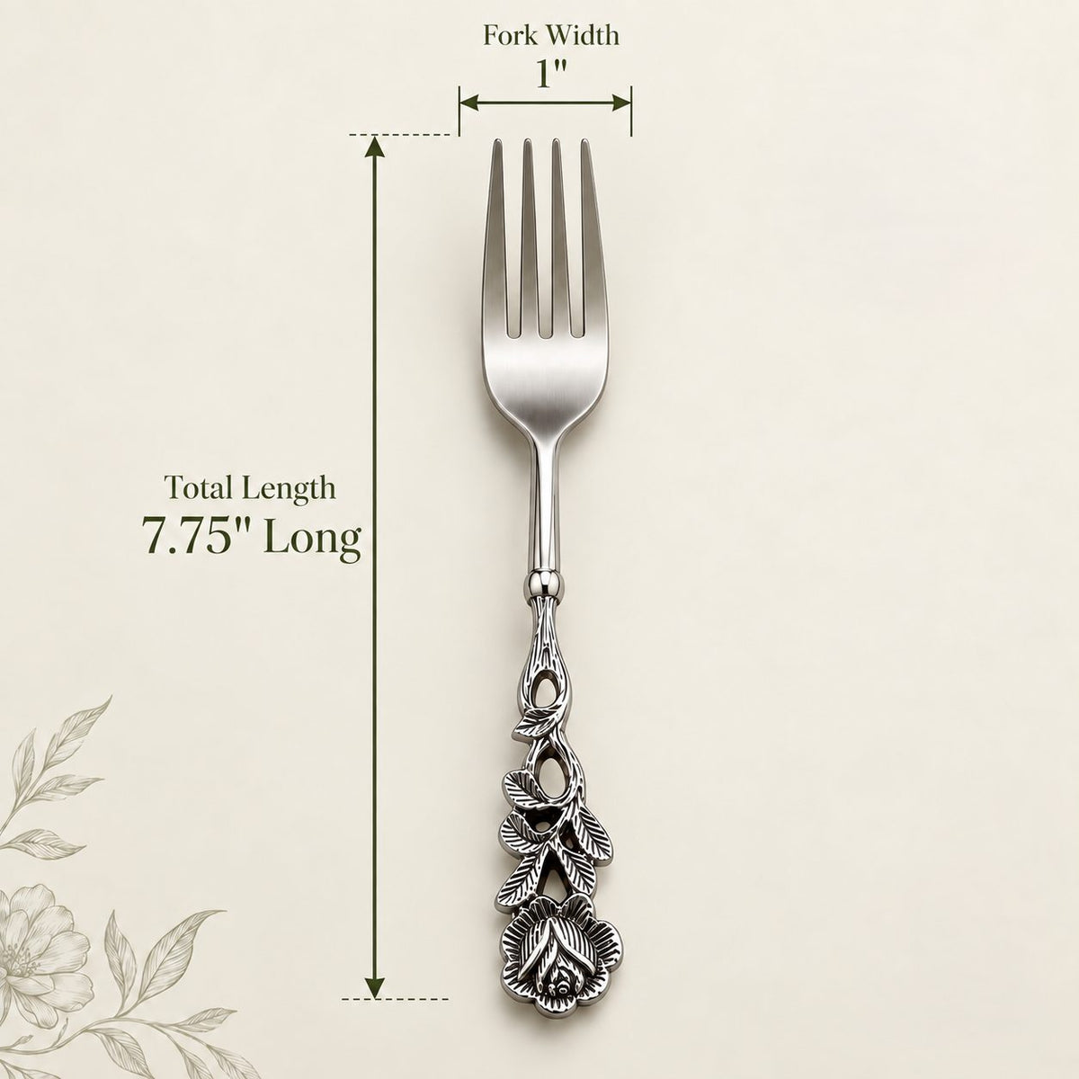 Decorative floral stainless steel fork with ornate handle showing dimensions of 7.75 inches total length and 1 inch fork width on a soft beige background, premium cutlery by Inara Home Decor.