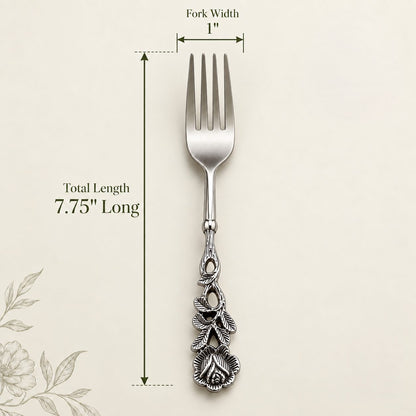 Decorative floral stainless steel fork with ornate handle showing dimensions of 7.75 inches total length and 1 inch fork width on a soft beige background, premium cutlery by Inara Home Decor.