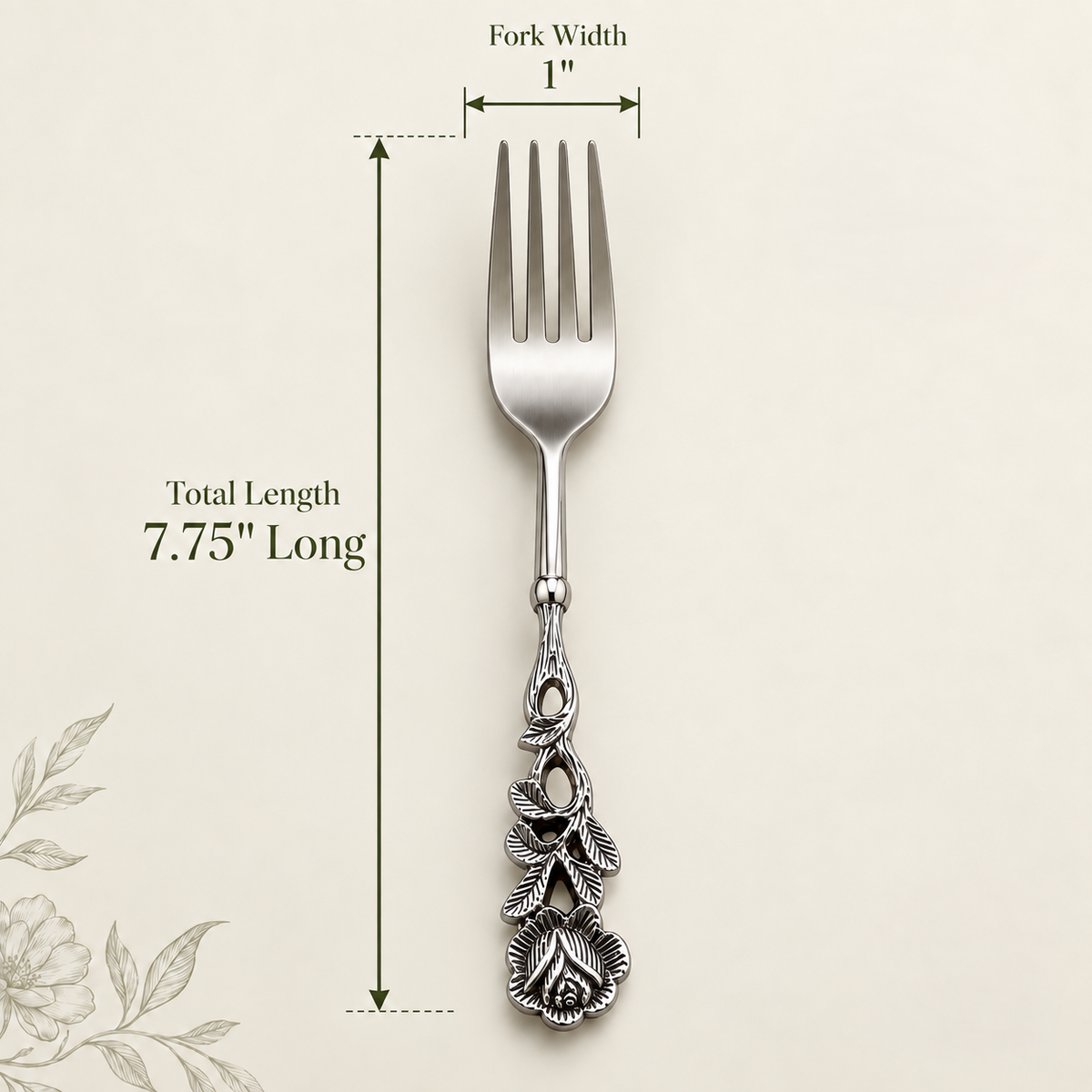 Decorative floral stainless steel fork with ornate handle showing dimensions of 7.75 inches total length and 1 inch fork width on a soft beige background, premium cutlery by Inara Home Decor.