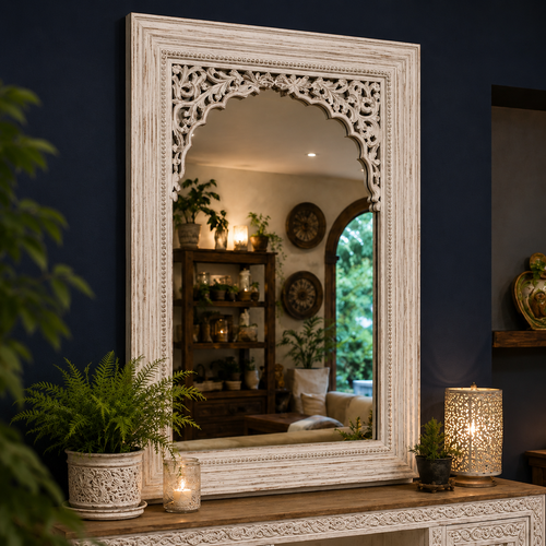 Distressed White Wooden Mirror – Hand-Carved Arched Wooden Mirror: A timeless expression of craftsmanship, this hand-carved arched mirror | INARA