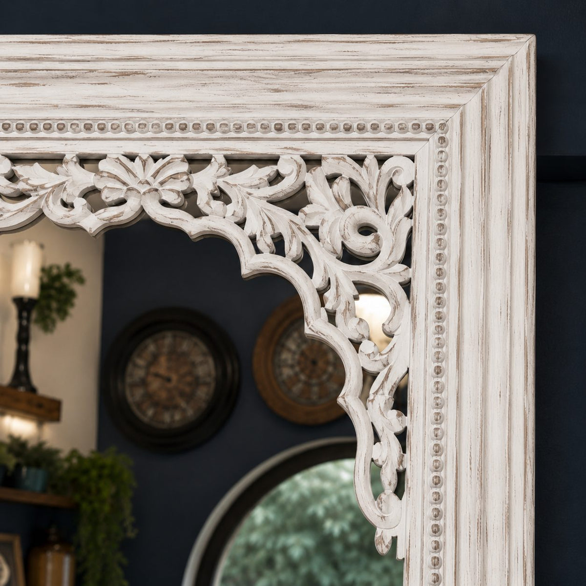Distressed White Wooden Mirror – close-up detail view | INARA