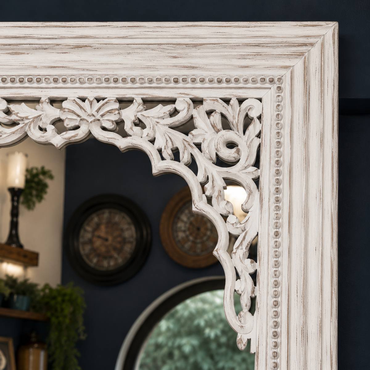 Distressed White Wooden Mirror – close-up detail view | INARA