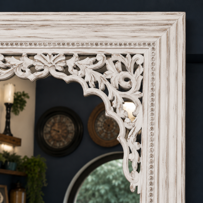 Distressed White Wooden Mirror – close-up detail view | INARA