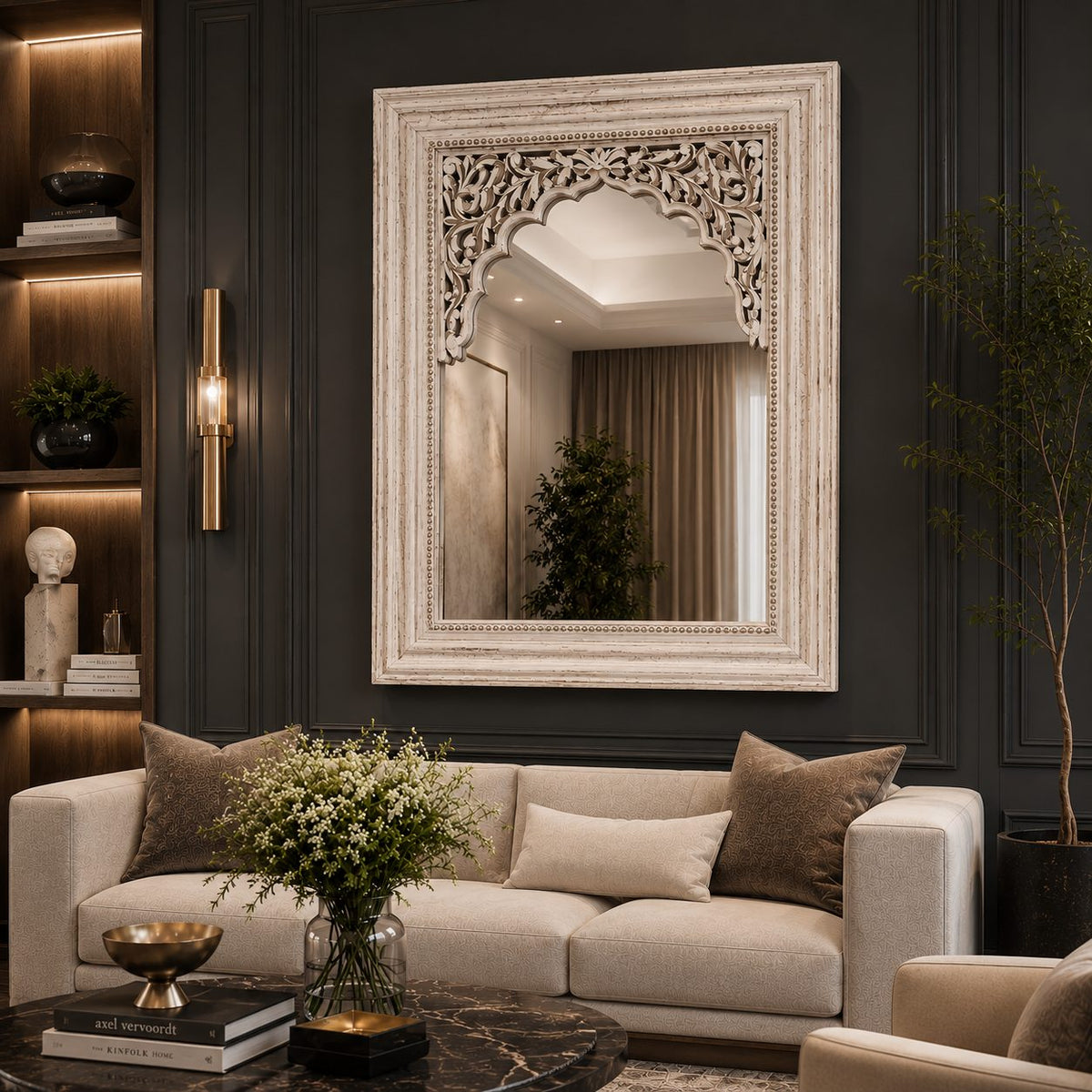 Distressed White Wooden Mirror – alternate angle | INARA