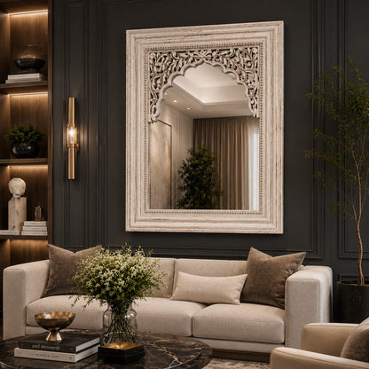 Distressed White Wooden Mirror – alternate angle | INARA