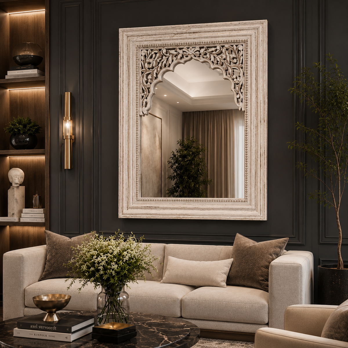 Distressed White Wooden Mirror – alternate angle | INARA