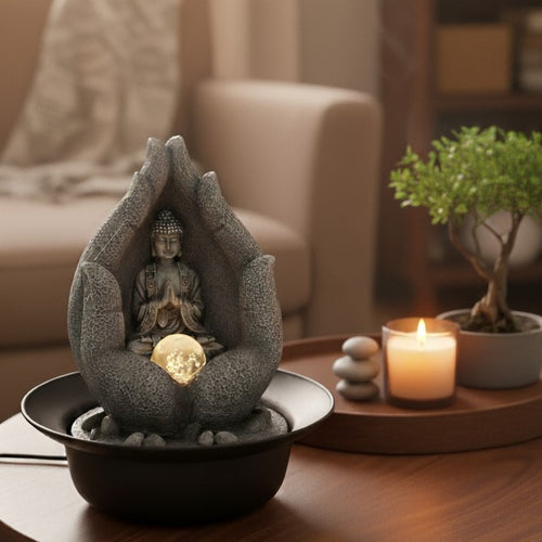 Divine Hands Tabletop Buddha Fountain – Symbol of Protection & Enlightenment: A meditating Buddha seated within a pair of sculpted protective | INARA