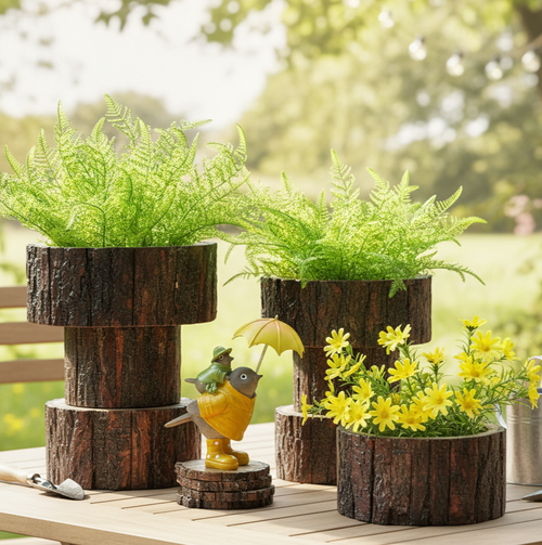 Natural wood bark planter bases styled outdoors with lush green ferns and yellow flowers, showcasing handcrafted rustic wooden décor for gardens, patios, and balconies.