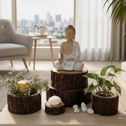 Natural wood bark bases styled with a Buddha statue, candles, plants, and decorative accents, creating a warm rustic centerpiece for modern interiors.