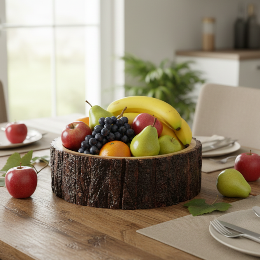 Natural wood bark base used as a rustic fruit bowl centerpiece with fresh fruits, adding organic charm to dining tables and farmhouse-inspired interiors.