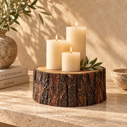 Rustic mango wood Drift Wood Display Base styled with pillar candles for luxury home décor and tabletop decoration.