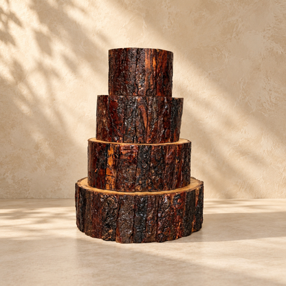 Luxury Drift Wood Planter and Display Base handcrafted from natural mango wood, shown in all four sizes with authentic bark texture against a warm beige Venetian plaster wall and matte microcement floor. Versatile decorative wooden planter, display pedestal and home décor accent.