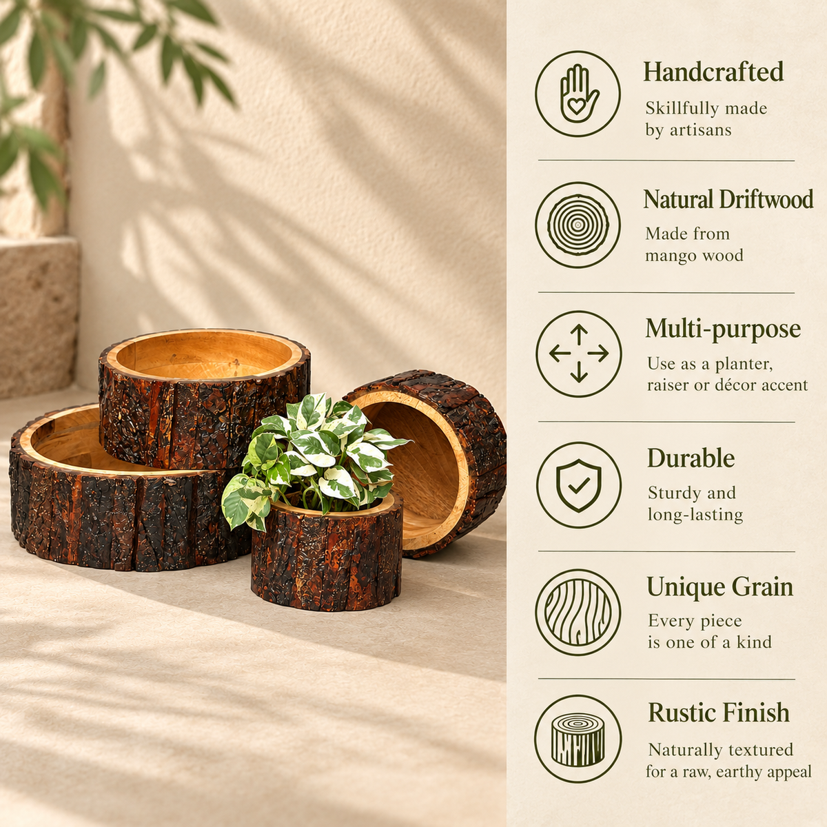 Features of the handcrafted Drift Wood Planter highlighting mango wood construction, multi-purpose use, durable craftsmanship and unique natural grain.