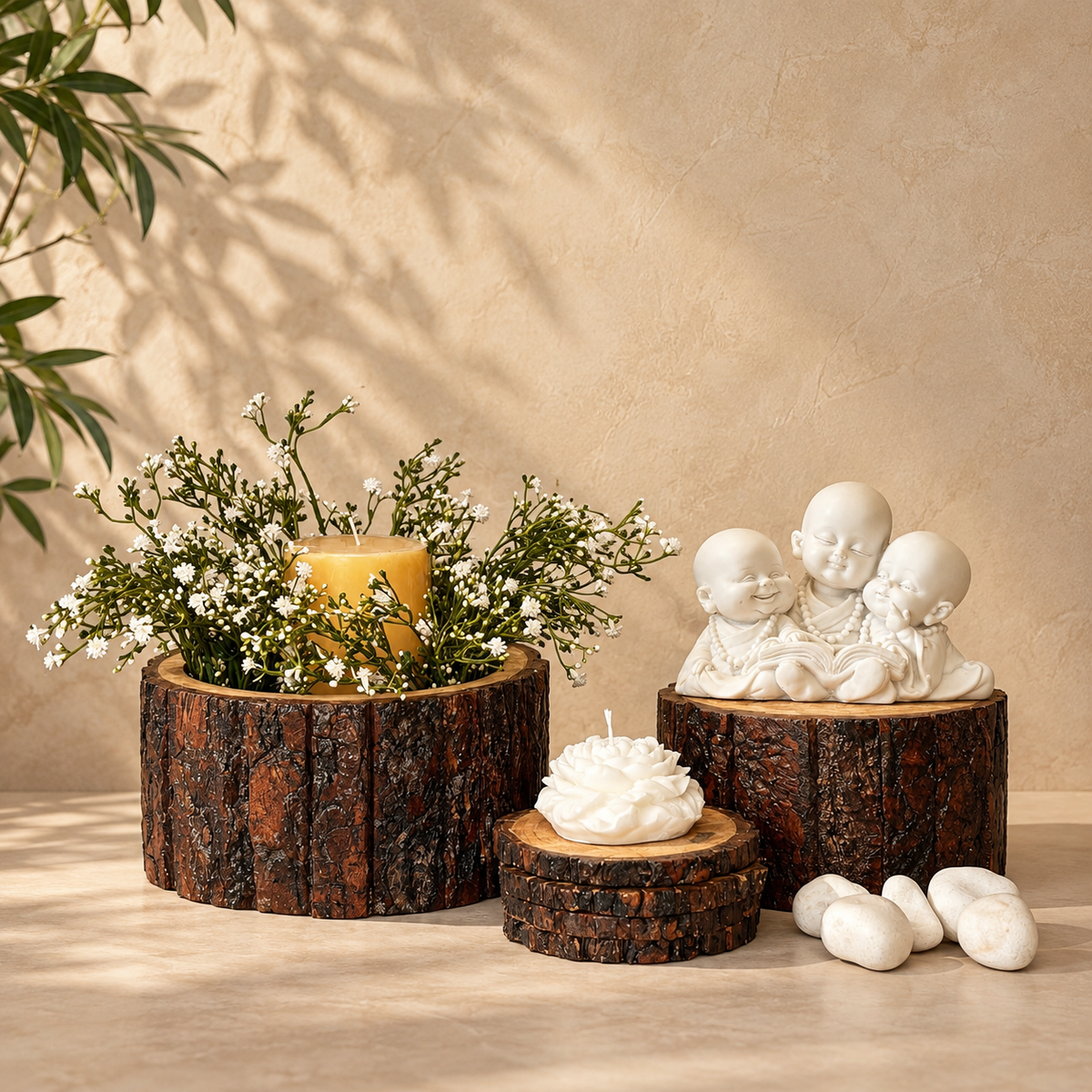 Collection of handcrafted Drift Wood Planters used as a planter, display pedestal and decorative home décor accents in a luxury interior.