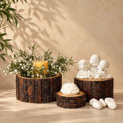 Collection of handcrafted Drift Wood Planters used as a planter, display pedestal and decorative home décor accents in a luxury interior.