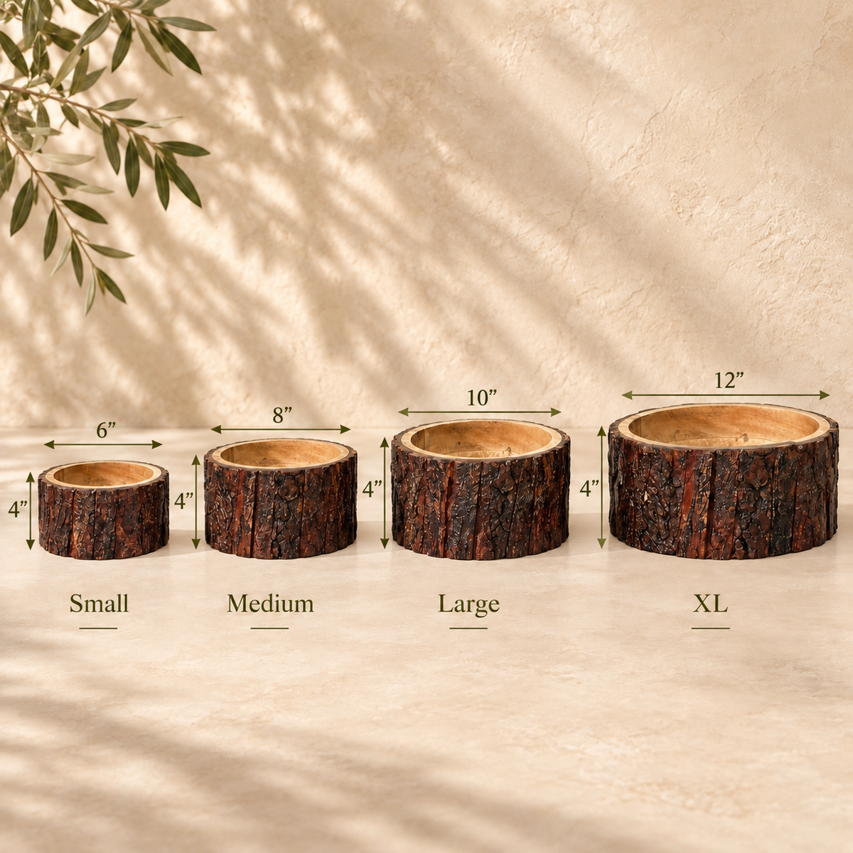 Size guide showing handcrafted Drift Wood Planters in Small, Medium, Large and XL sizes with dimensions and natural bark finish.