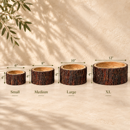 Size guide showing handcrafted Drift Wood Planters in Small, Medium, Large and XL sizes with dimensions and natural bark finish.