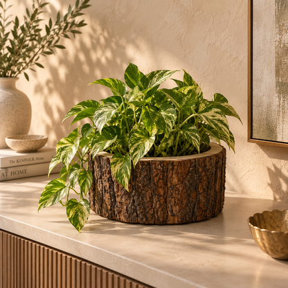 Handcrafted Drift Wood Planter made from mango wood styled with a lush pothos plant in a luxury contemporary interior.