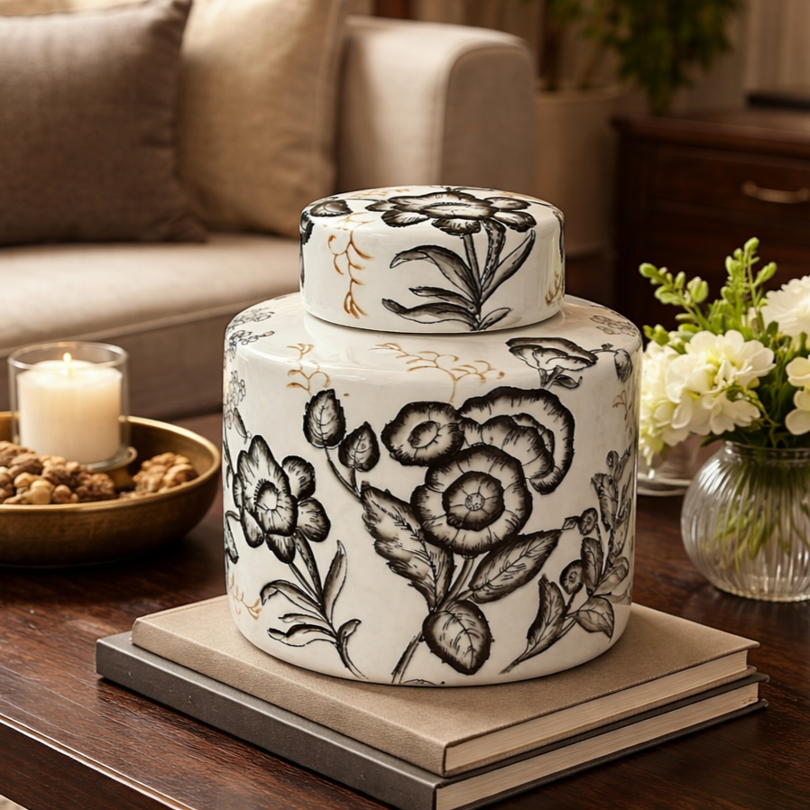 Ebon Bloom hand-painted floral ceramic ginger jar styled on a wooden coffee table with books, candle, and flowers, luxury home décor accent piece.