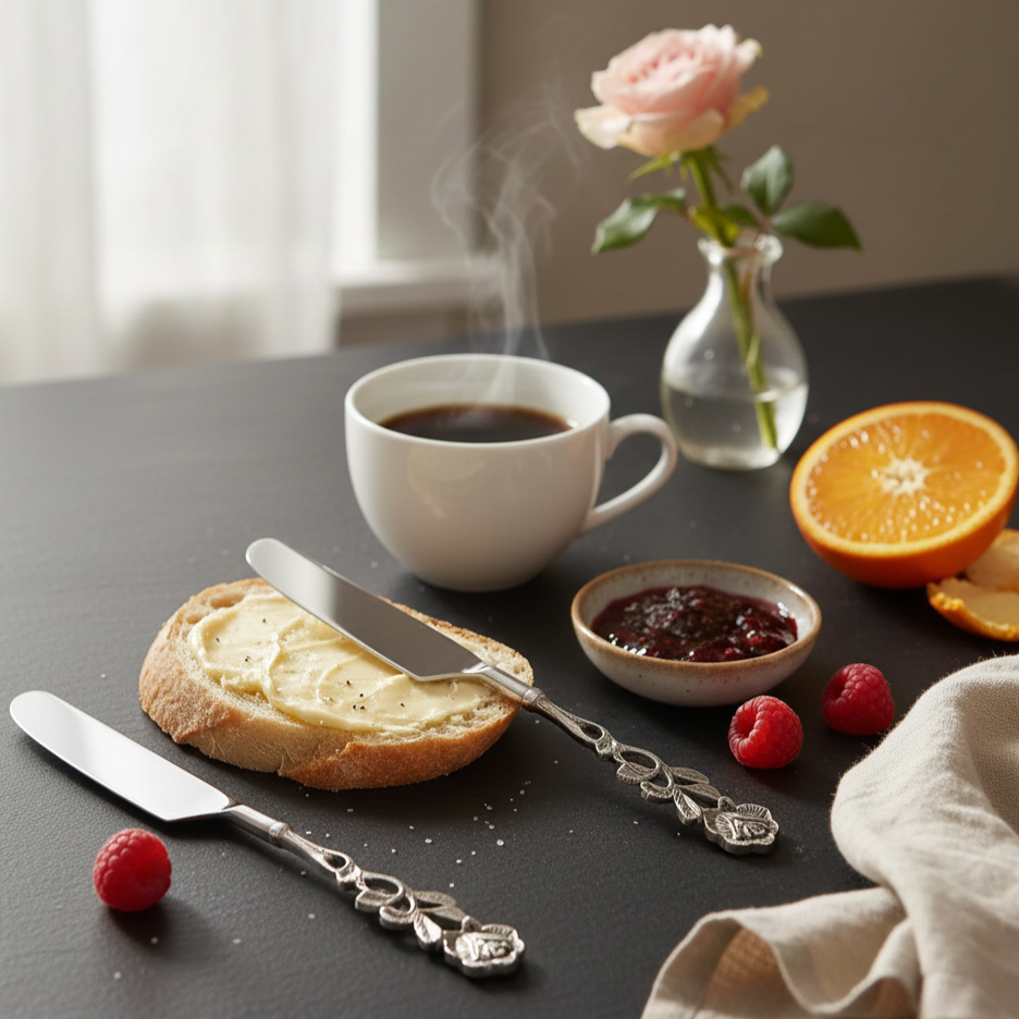 Lifestyle photography of rose-handled butter knives on a dark table next to a slice of buttered sourdough bread, fresh raspberries, an orange, and a steaming cup of coffee.