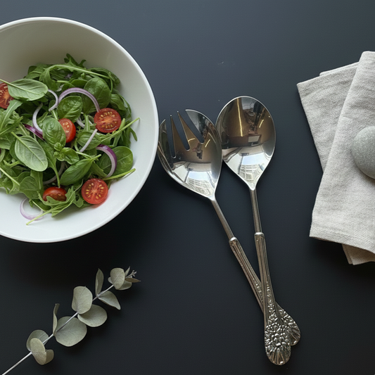 Elegant silver-toned salad servers placed next to a white bowl of green salad with cherry tomatoes on a dark matte surface.