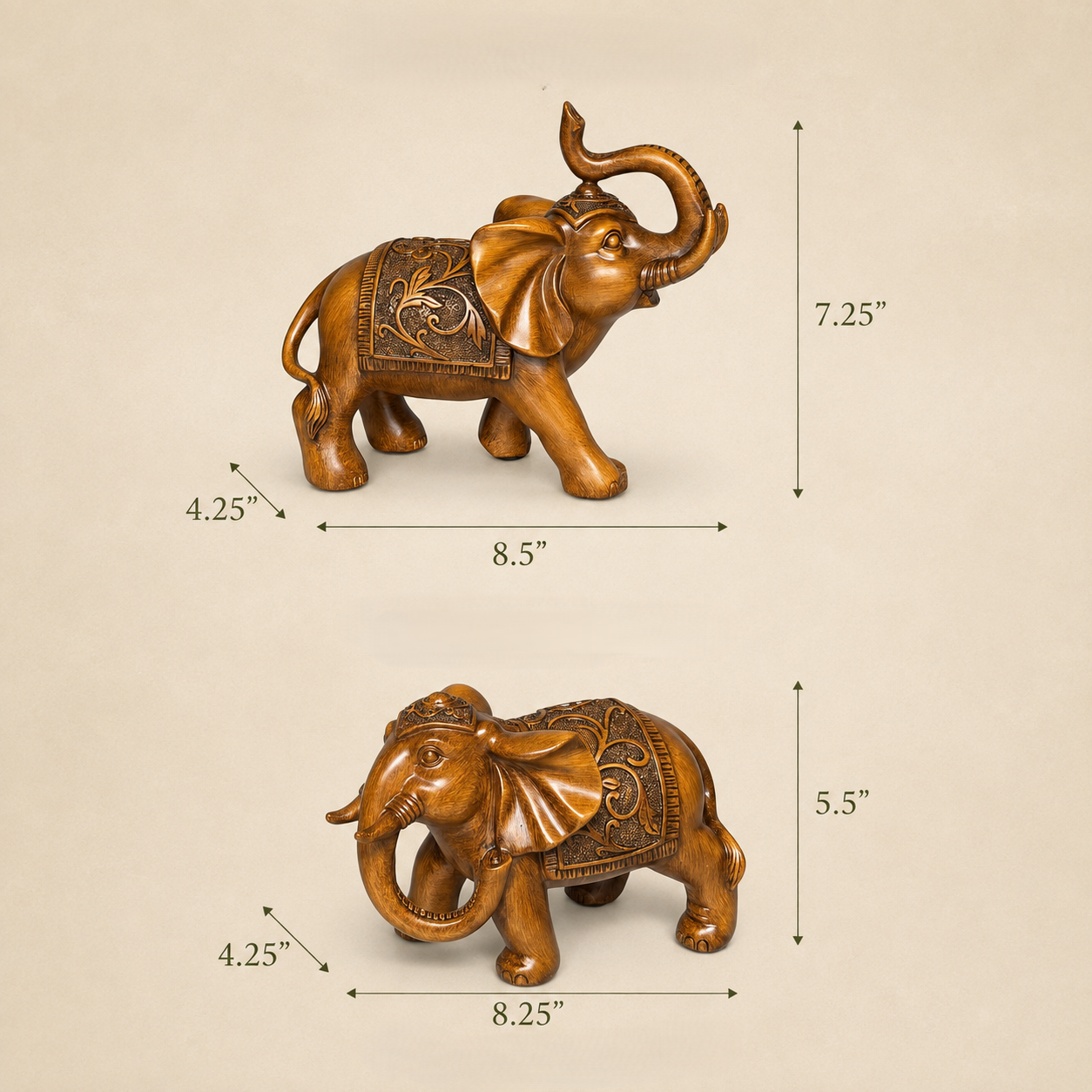 Size guide showing dimensions of the handcrafted resin elephant sculpture set with antique wood finish for home décor and gifting.