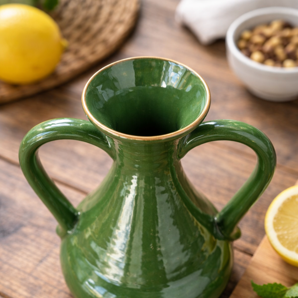 Close-up lifestyle image of a glossy emerald green ceramic vase highlighting the flared mouth and smooth interior, styled on a wooden table with lemons and mint accents.