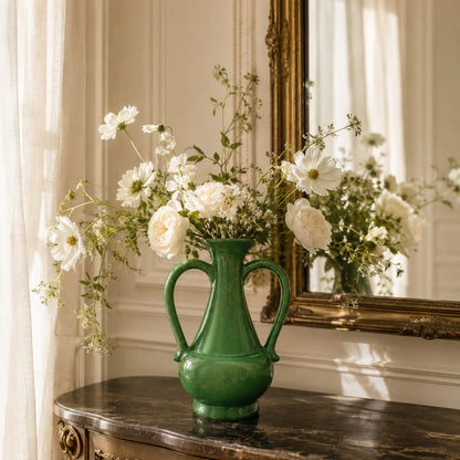 Emerald Crest Ceramic Vase With Handles – A striking expression of refined design, this emerald green ceramic vase features a rich, glossy | INARA