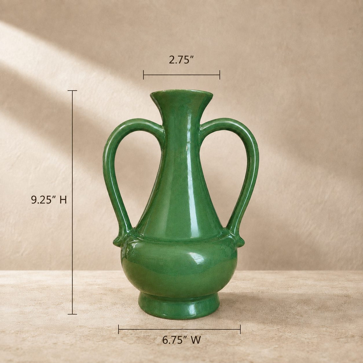 Emerald Crest Ceramic Vase With Handles – styled display view | INARA