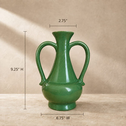 Emerald Crest Ceramic Vase With Handles – styled display view | INARA