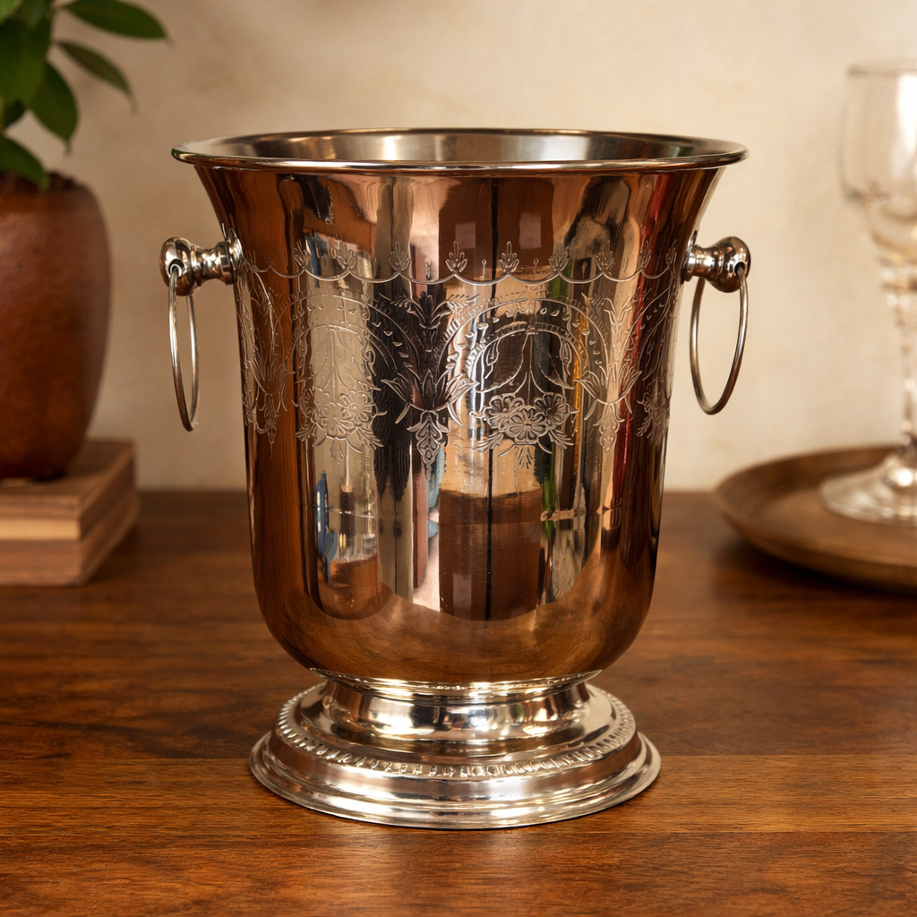 Polished engraved silver champagne ice bucket with ornate handles displayed on a wooden table in a square lifestyle setting.