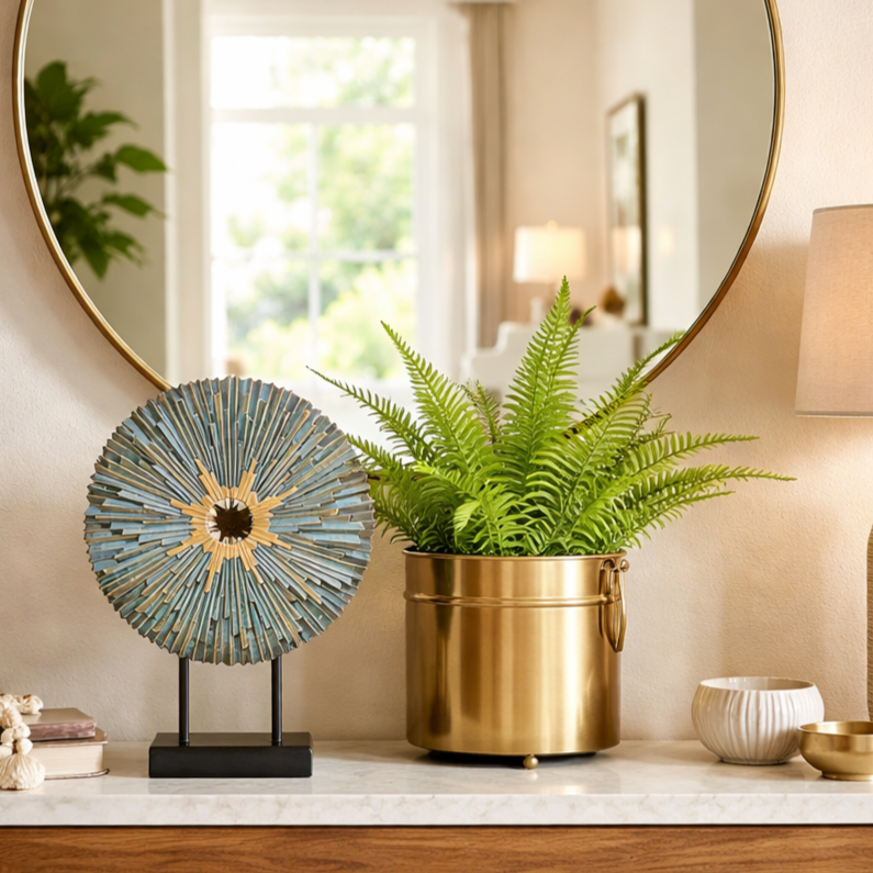 Elegant entryway console table styling with sunburst sculpture, brass planter with green fern, round mirror, and warm neutral decor in a modern home