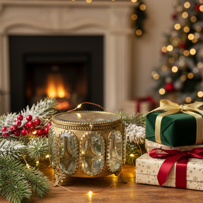 Handcrafted antique gold glass jewellery trinket box styled with Christmas décor, green and red gift boxes, pine branches, and a warm fireplace background, a luxury festive home accent.