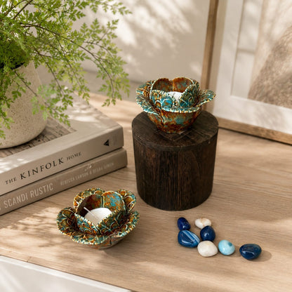 Floral  Bloom Ceramic T-Light Holder – close-up detail view | INARA