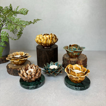 Floral  Bloom Ceramic T-Light Holder – texture and finish detail | INARA