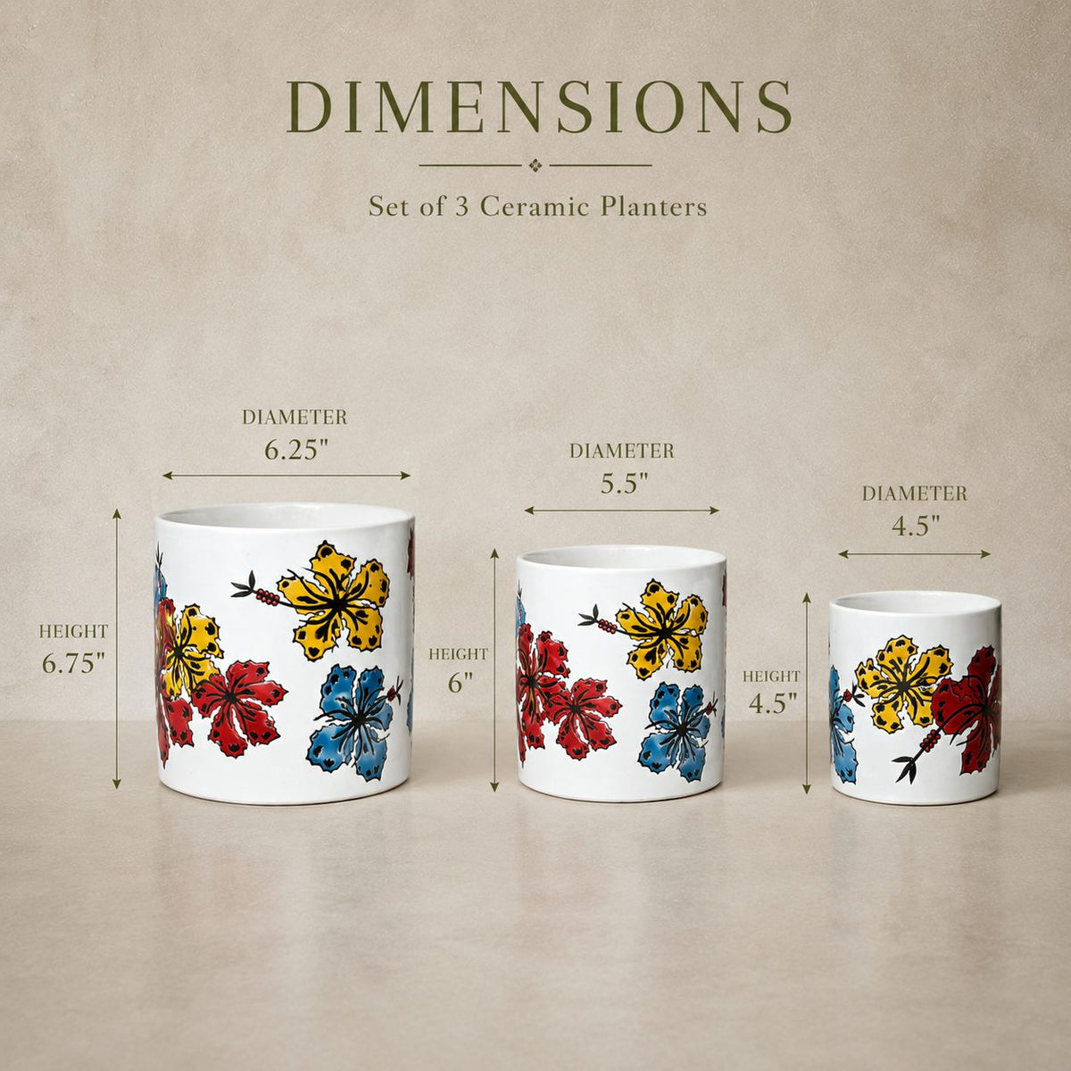 Dimensions guide for hand-painted ceramic planter set of 3 showing height and diameter measurements for each planter size.