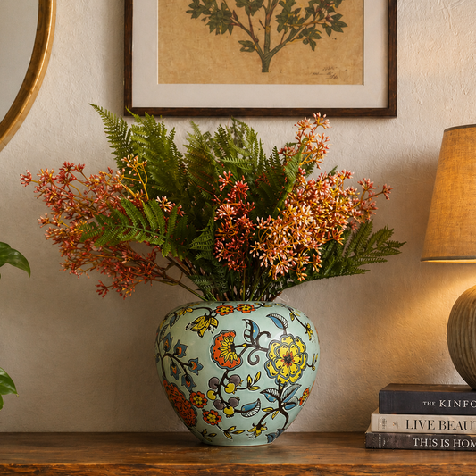 Elegant floral ceramic vase with artificial flowers styled on a rustic wooden console table with warm ambient home decor accents.