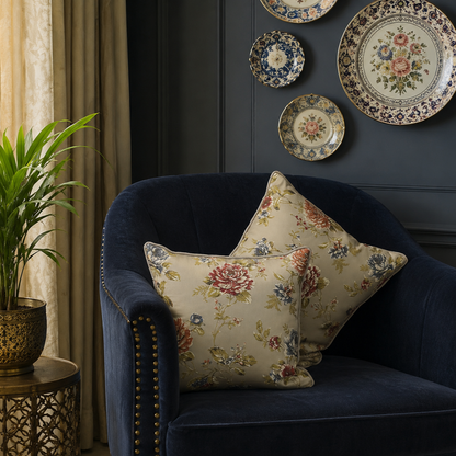 Luxury floral decorative cushions styled on a dark navy velvet armchair in an elegant living room corner with decorative wall plates, creating a sophisticated and timeless home décor setting by Inara Home Decor.