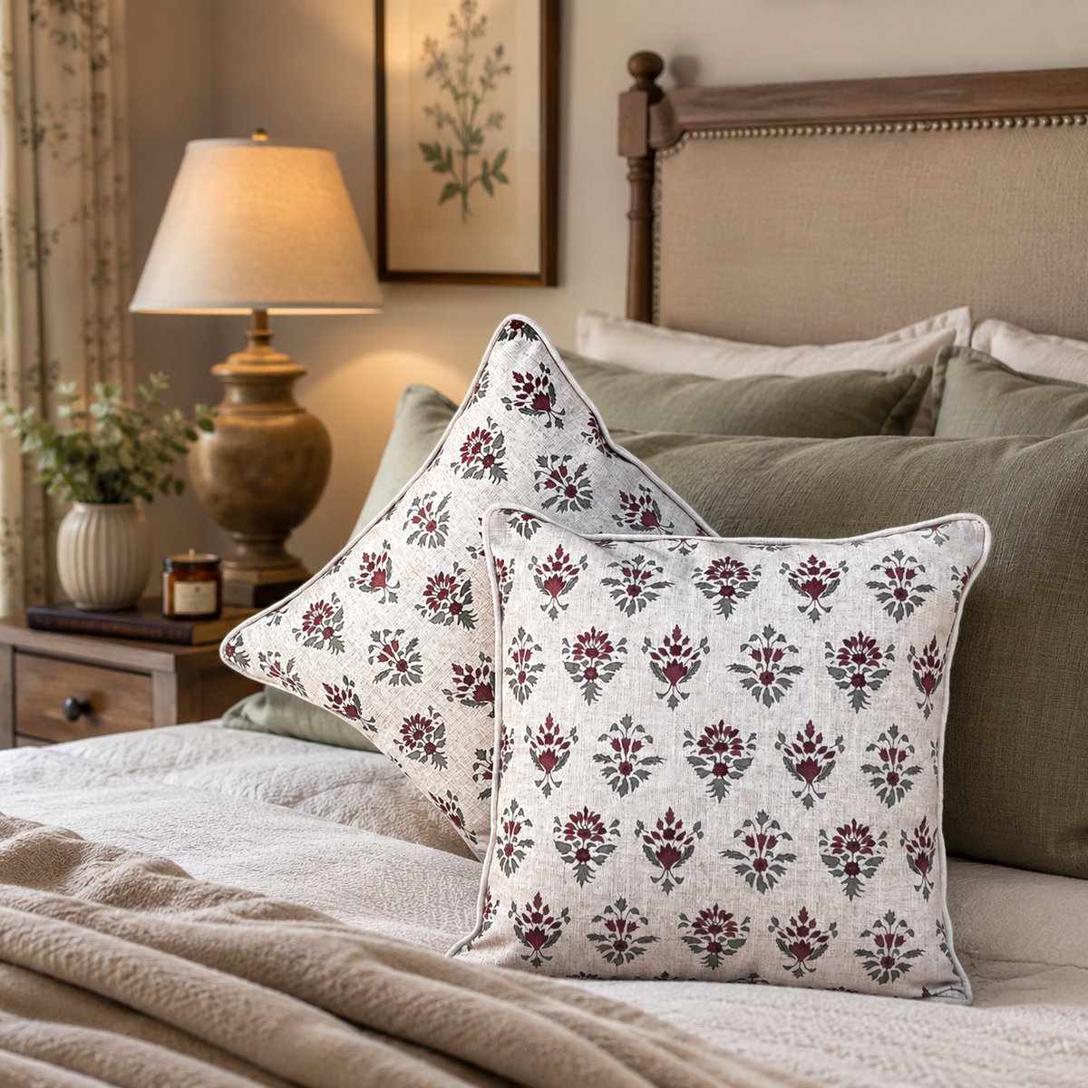 Floral block print cushion covers styled on a luxury bedroom bed with neutral bedding and sage green accent pillows, adding elegant handcrafted charm to the space.