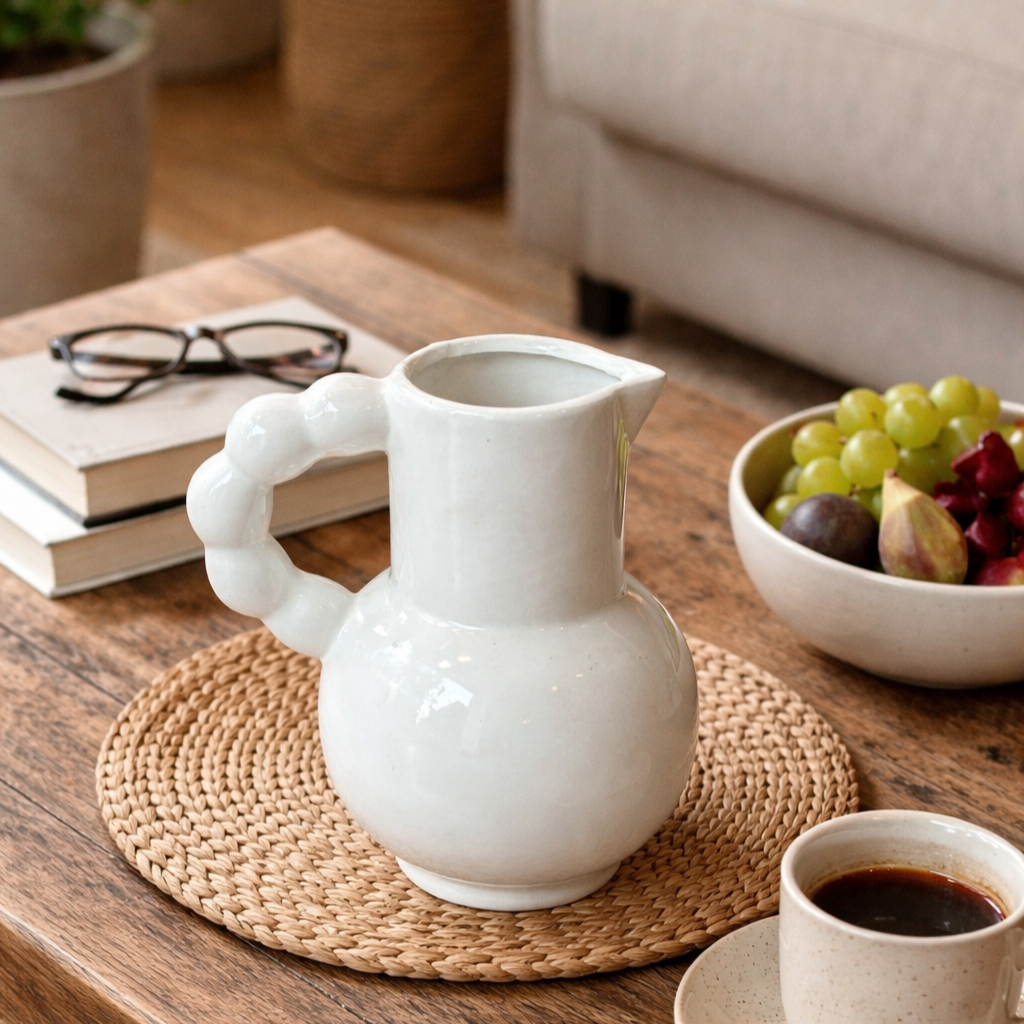 A glossy white ceramic pitcher with a unique bubble-style sculptural handle sitting on a woven coaster on a wooden coffee table.