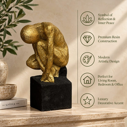 Premium resin gold abstract human sculpture featuring modern artistic design, symbol of reflection and luxury home décor accent.