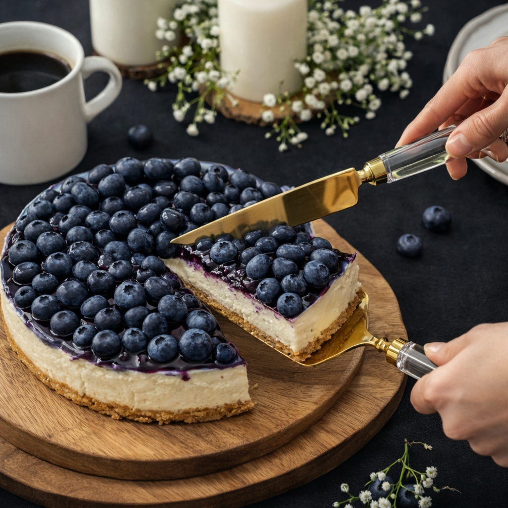 Gold cake server and knife set with acrylic handles cutting a blueberry cheesecake on a wooden cake stand