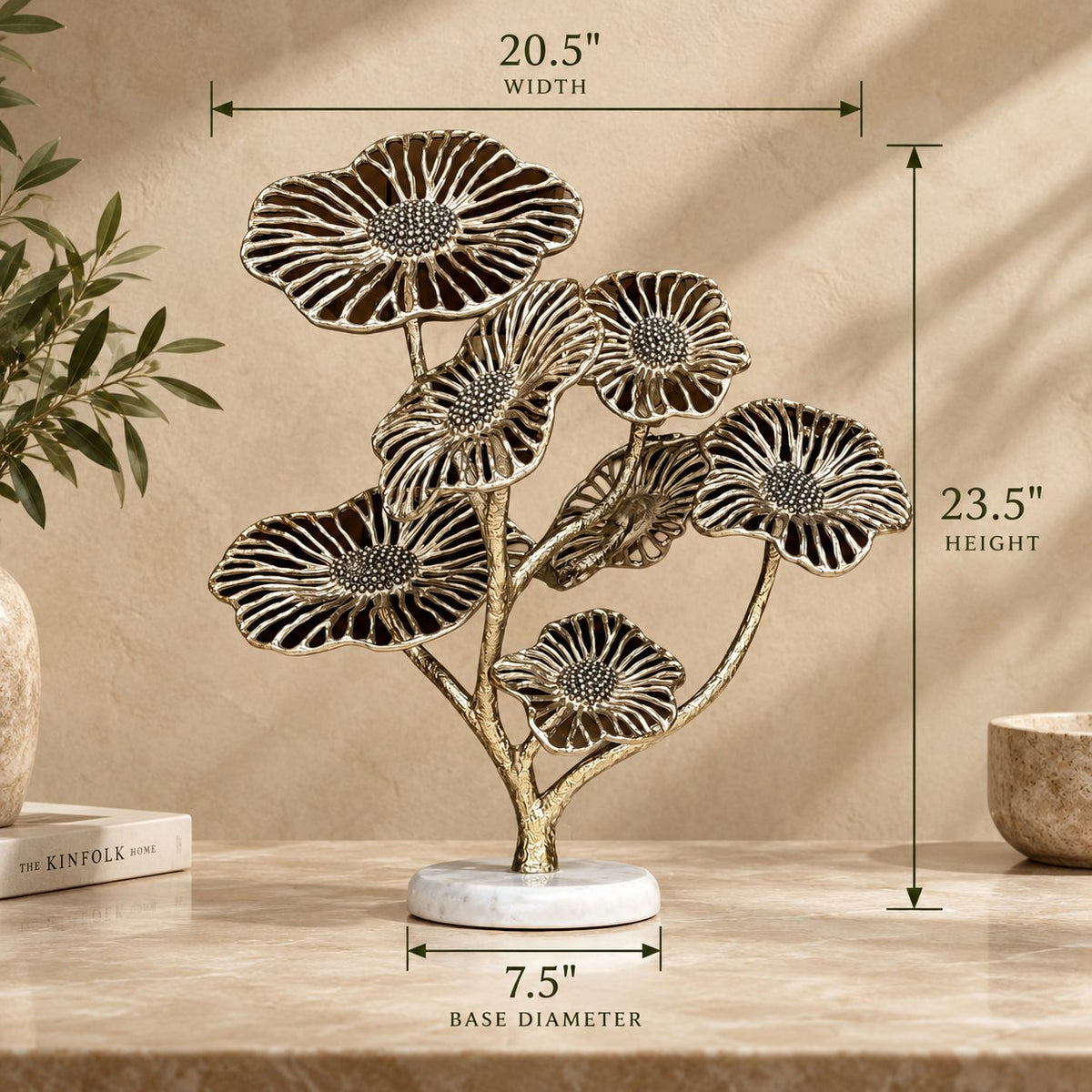 Dimensions of luxury gold floral sculpture showing 23.5-inch height, 20.5-inch width and 7.5-inch marble base diameter.