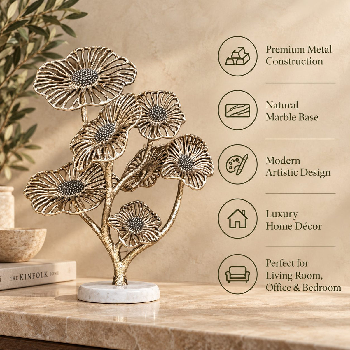 Feature infographic highlighting premium metal construction, natural marble base and modern artistic design of the gold floral sculpture.