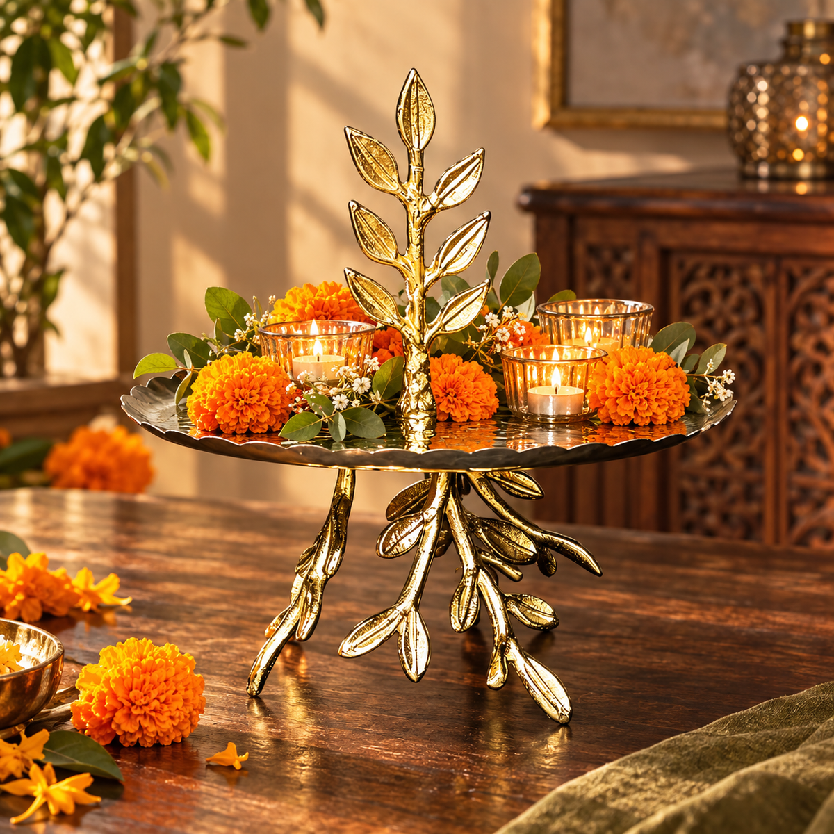 Gold leaf pedestal decorative tray styled as a festive centrepiece with orange marigold flowers, tealight holders and green foliage on a luxury wooden table in an elegant home interior.