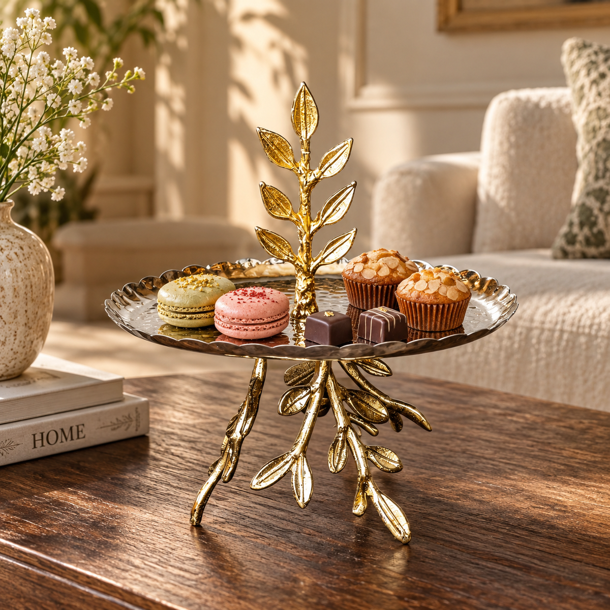 Gold leaf pedestal serving tray displaying macarons, chocolates and muffins on a wooden coffee table in a luxury living room with warm natural sunlight.