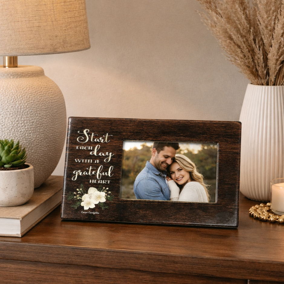 Grateful Heart Wooden Photoframe – close-up detail view | INARA
