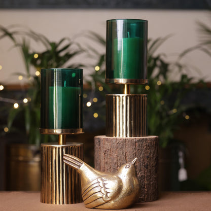 Antique Gold Ribbed Candlestand - Green – texture and finish detail | INARA