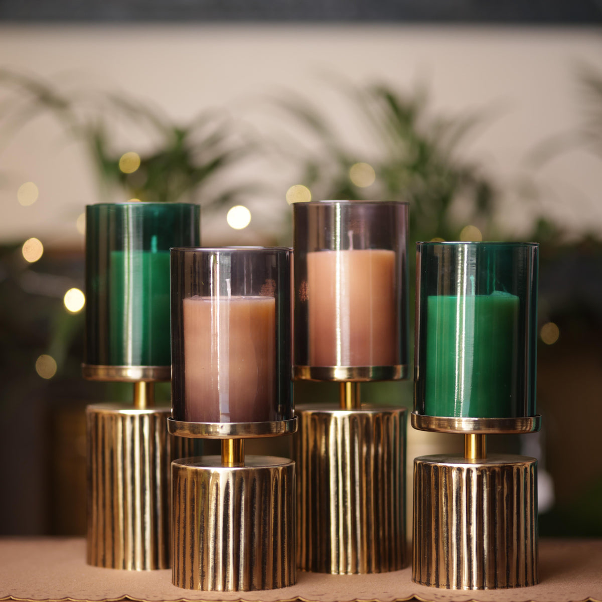Antique Gold Ribbed Candlestand - Green – styled display view | INARA