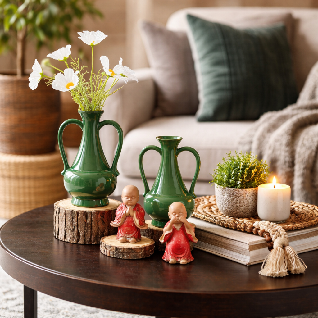 Glossy green ceramic double-handle vases with white flowers styled on a coffee table with monk figurines, candle, and modern living room décor setting.